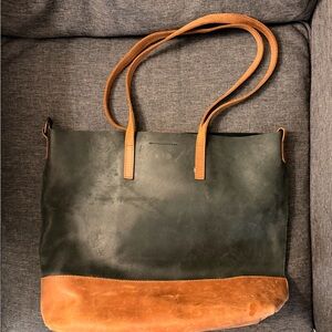 Able Two-Tone Leather Tote in Forest Green and Tan